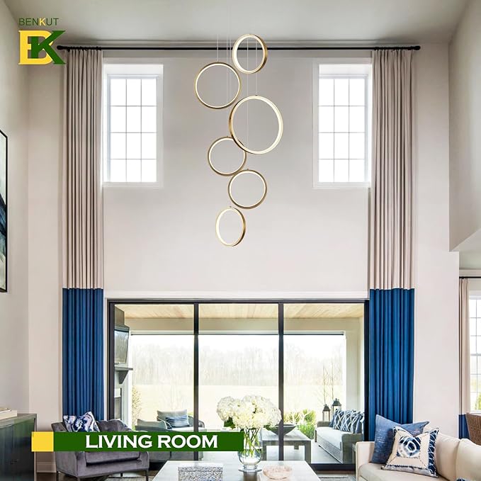 Modern LED Chandelier 6 Ring Gold LED Pendant Light Adjustable Height Hanging Ceiling Light Fixture Dimmable Chandelier Ceiling Hanging for Foyer, Entryway (98.5in 3000K-6500K)