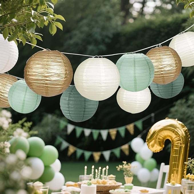 Green White Gold Paper Lanterns, 12Pcs Chiese Lanterns for Birthday Baby Shower Gender Reveal Wedding Party Decoration