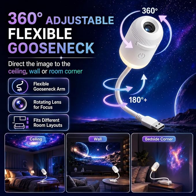 HD Smart Dynamic 5D Holographic Night Light Projector, 2-in-1 HD Plug and Play Galaxy Projector Portable Night Light Projector 360 Rotating USB Powered with 24 Films for Bedroom (24 Films)