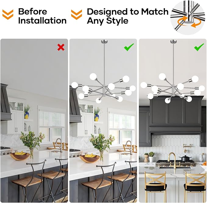 33" Modern Chandelier Ceiling Light Fixture, 12-Light Sputnik Chandeliers Chrome Mid Century Chandelier Over Table, Height Adjustable Chandeliers for Dining Room Living Room Kitchen
