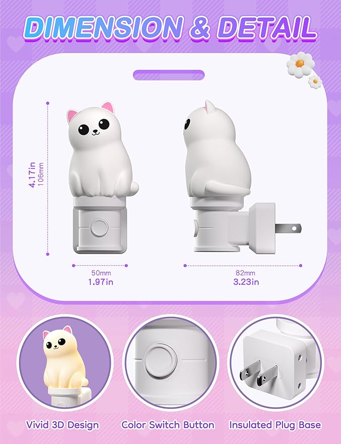KINDEEP Kids Night Lights for Bedroom: RGB & Soft White with Dusk to Dawn Sensor, Detachable Cute Animal Night Light for Baby Nursery, Kids Room Decor 2 Pack (Two White Persian Cats)