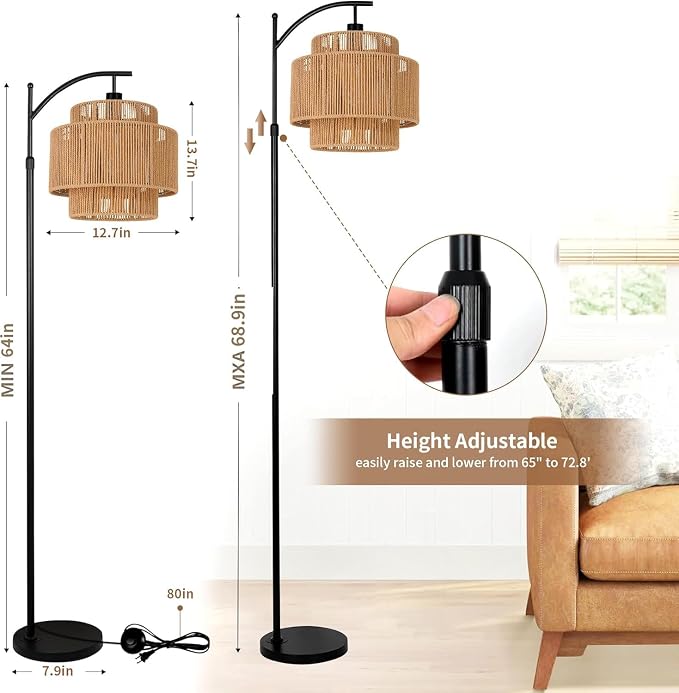 ILLMTW Rattan Floor Lamp for Living Room Bedroom Boho Arc Standing Lamp with Remote Dimmable Black Farmhouse Wicker Bamboo Lamp Shade Floor Light Tall Lamp Industrial Floor Lamps Bohemian Decor