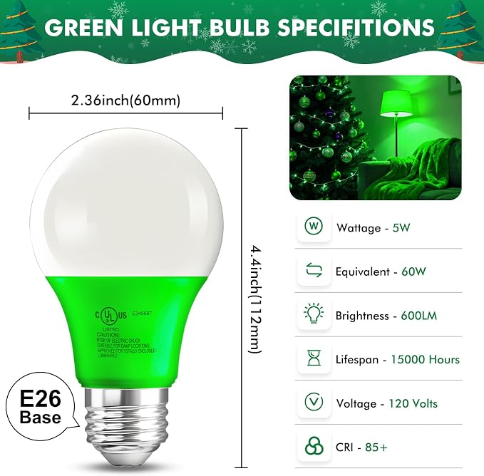 TJOY Green LED Light Bulb Outdoor Porch Halloween, A19 Colored 60 Watt Eq | Green Colored LED Lights, 5W E26 Base, Christmas Indoor Party Bedroom Decoration, Non-Dimmable, 4 Pack