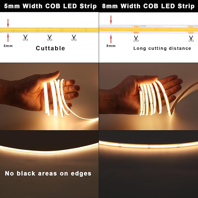 TOPAI 12V 5mm Dotless COB LED Strip 16.4ft 3000K Warm White Cabinet Light | Ultra Thin Tape Lights, CRI>90 400 LEDs/M, No Dark Spots, Flexible Cuttable, Self Adhesive Easy Install
