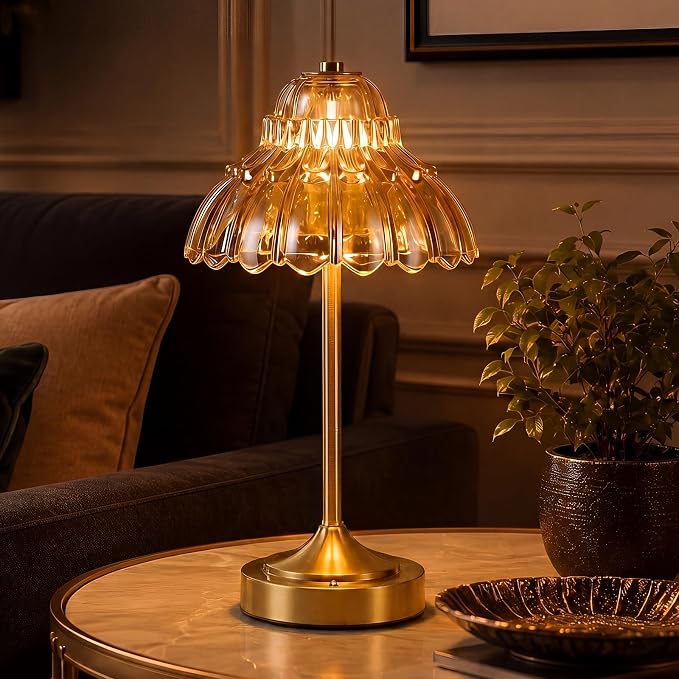Flower Battery Operated Rechargeable Lamp Cordless, Petal, Amber | Small, Vintage, Gold, Wireless, LED, Dimmable, Table, Home Decor, Bedroom, Bedside, Nightstand, Birthday Gifts for Women