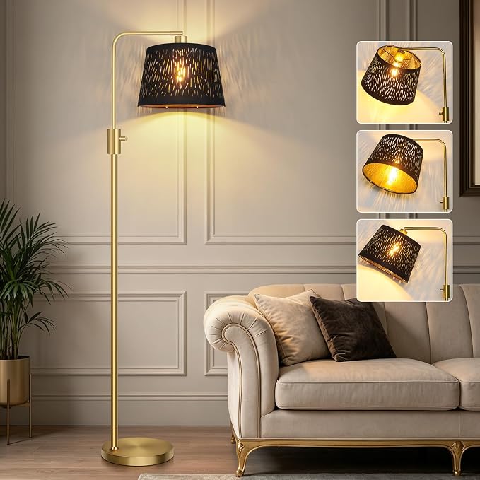 【Upgraded】 Dimmable Gold Floor Lamp, 1000 Lumens LED Edison Bulb Included, Arc Black Floor Lamps for Living Room Modern Standing Lamp with Black Grid Shade, Tall Lamps for Living Room Bedroom Office