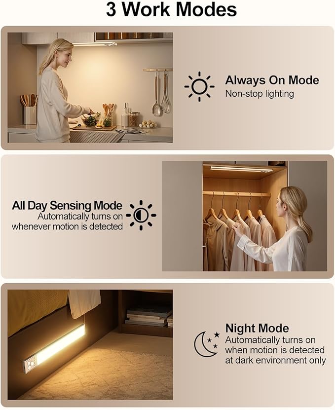 LED Under Cabinet Lighting | 2500mAh Motion Sensor Under Counter Lights for Kitchen | USB Rechargeable Cabinet Lighting Wireless Dimmable Night Light for Closet Wardrobe Cupboard Stairs, 2 Pack