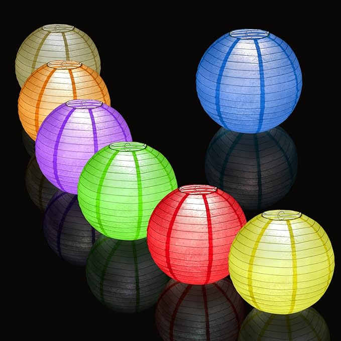 12pcs Blue Paper Lanterns with 12pcs White LED Lights, 6" 8" 10" 12" Round Hanging Chinese/Japanese Ball Lantern for 4th of July Anniversary Birthday Party Decorations