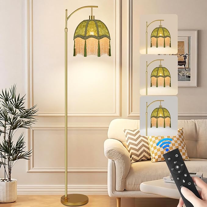 Vintage Floor Lamps for Living Room Boho Rustic Floor Lamp with Remote Control & 3 Color Temperature,Dimmable Gold Floor Lamp Mid Century Modern Standing Lamp Fringe Green Tall Floor Lamp For Bedroom