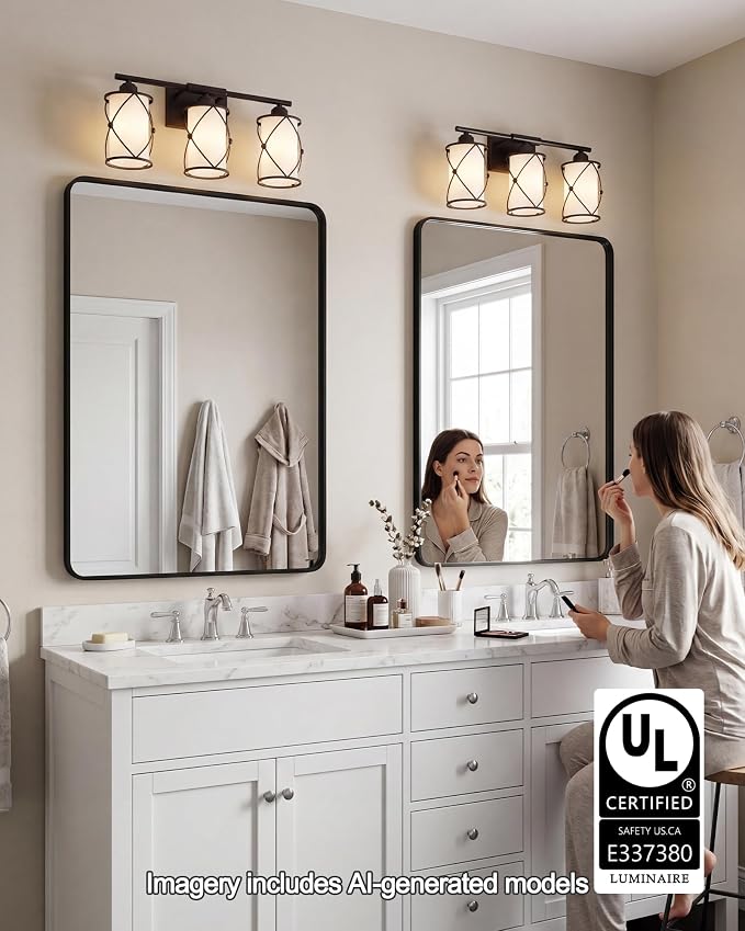 3-Light Oil Rubbed Bronze Bathroom Light Fixtures Over Mirror, 21" UL-Listed Modern Farmhouse Wall Sconce Lights with Milk White Frosted Glass and Metal Cage for Bath, E26, CH9176ORBW-3W