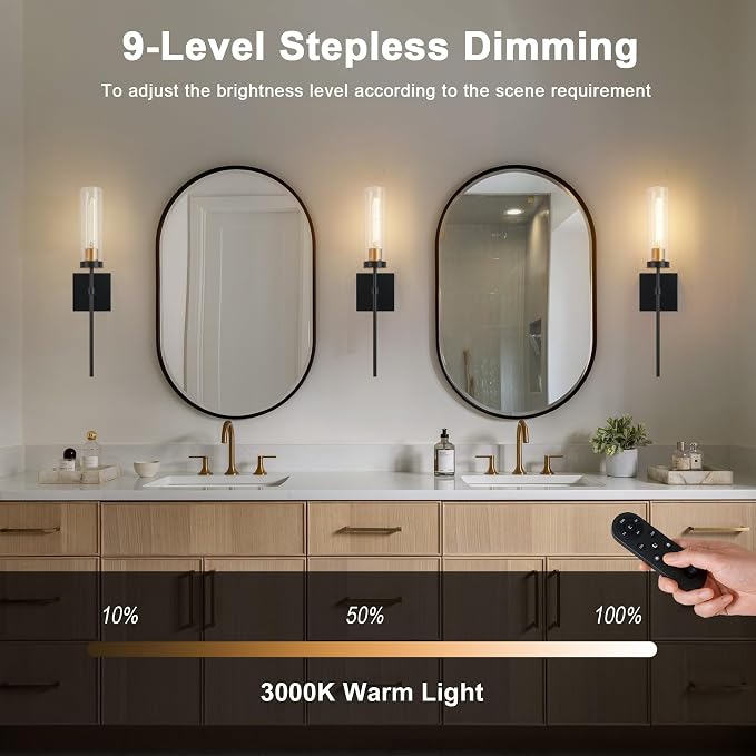 Battery Operated Wall Sconce Set of 2, Black & Gold Wireless Sconces Wall Decor, Rechargeable Wall Lights for Bedroom Living Room Entryway Bathroom Hallway Stairwell