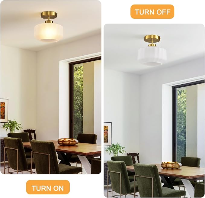 Industrial Gold Matte Light Fixtures Ceiling Mount, with Frosted Glass Shades Semi Flush Mount Ceiling Light, for Hallway Fixtures Kitchen, Foyer
