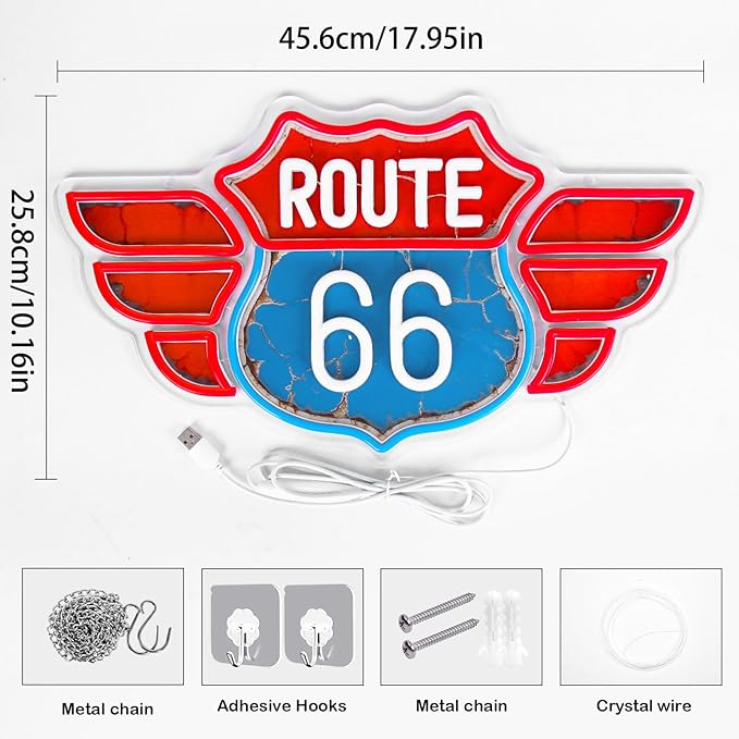 UV Printed Route 66 Neon Sign Vintage Route 66 Garage Wall Decor Dimmable Led Us High Way Sign for Man Cave Garage Neon Lights for Bedroom Party Club Gift