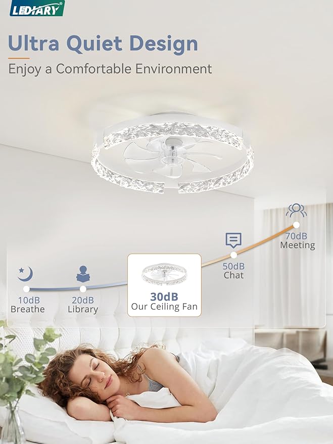 LEDIARY 20 Inch Low Profile Ceiling Fans with Lights and Remote, Fandelier Ceiling Fan Flush Mount, 3000K-6000K Dimmable LED Fan Light, White Modern Ceiling Fans with Lights for Bedroom