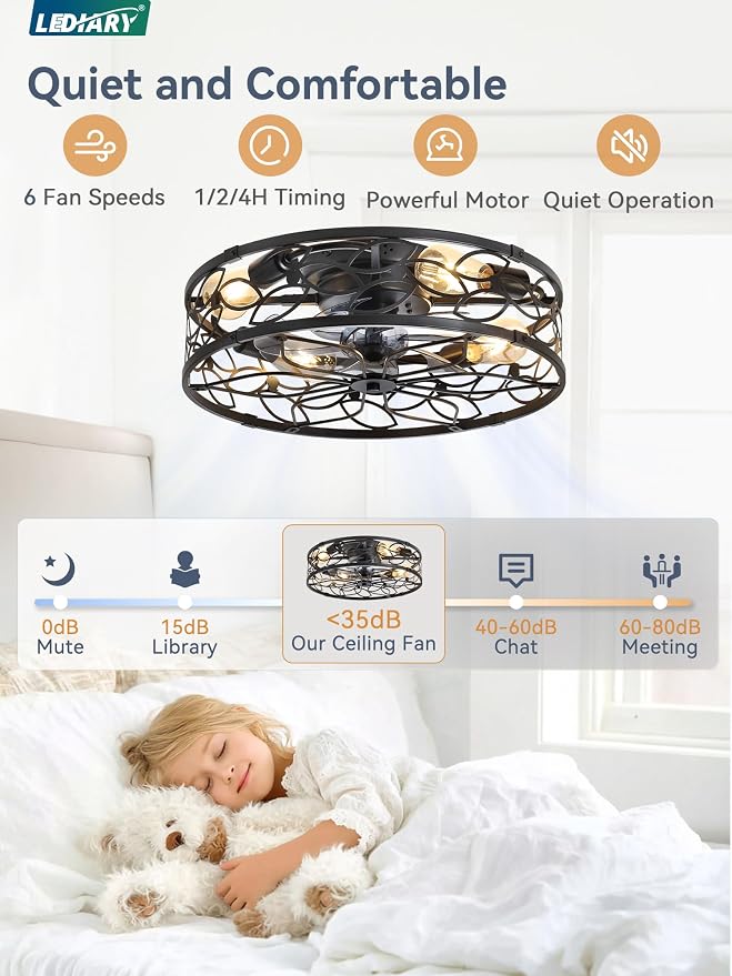 LEDIARY 20" Caged Ceiling Fan with Light, Flush Mount Fandalier with Remote | Low Profile, Farmhouse Small, Bladeless Industrial, Quiet DC Motor, App Control for Bedroom, Kitchen, Dining Room, Black
