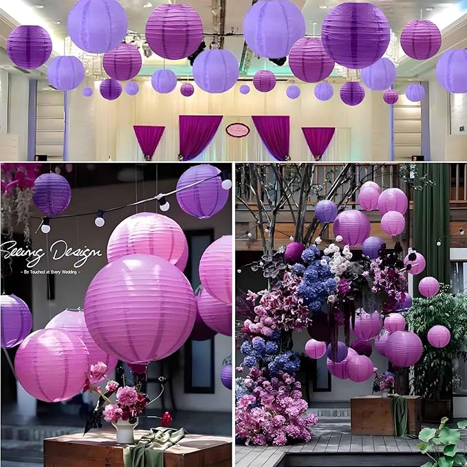 Purple Paper Lanterns 12Pcs Hanging Round Paper Lanterns Decorative for Graduation Baby Shower Wedding Birthday Family Parties ﻿