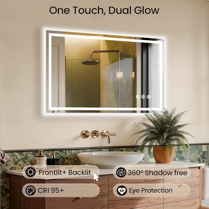 48x30 LED Bathroom Mirror with Anti-Fog, Backlit & Front Lights, Memory | Dimmable 3 Color CRI 95+ Shatterproof Tempered Glass ETL Listed for Safety Lighted Bathroom Vanity Mirror for Wall