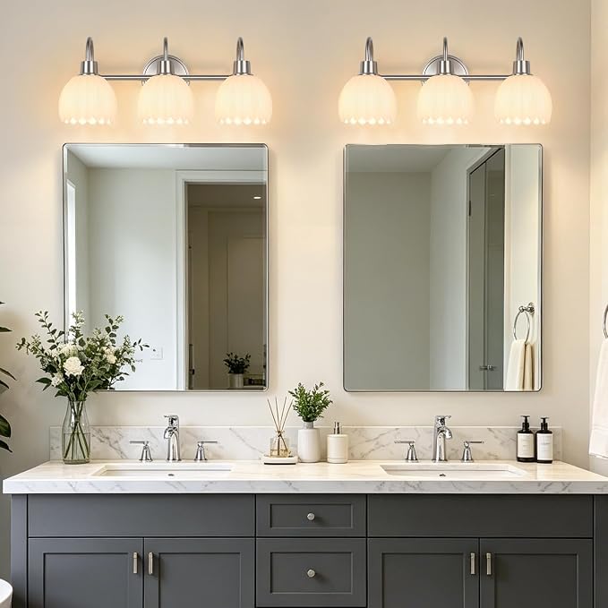 Bathroom Light Fixtures, 3-Light Brushed Nickel Bathroom Vanity Light Over Mirror with White Tulip Glass Shades, Vanity Light Fixture for Bedroom, Living Room & Hallway (Bulbs Not Included)