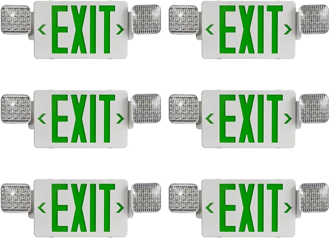 Green LED Exit Sign Emergency Light Combo, UL Listed Battery Backup | UL-listed commercial fire exit sign features 90-min battery backup, 360° rotating dual heads, and easy dual-mount setup.