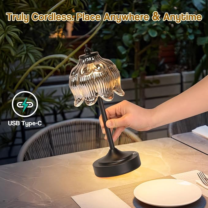 Cordless Table Lamp, Rechargeable Black Glass Lotus Flower Lamp | 5200mAh touch lamp with 3 color modes and stepless dimming, battery operated lamp for nightstands and kitchen counters