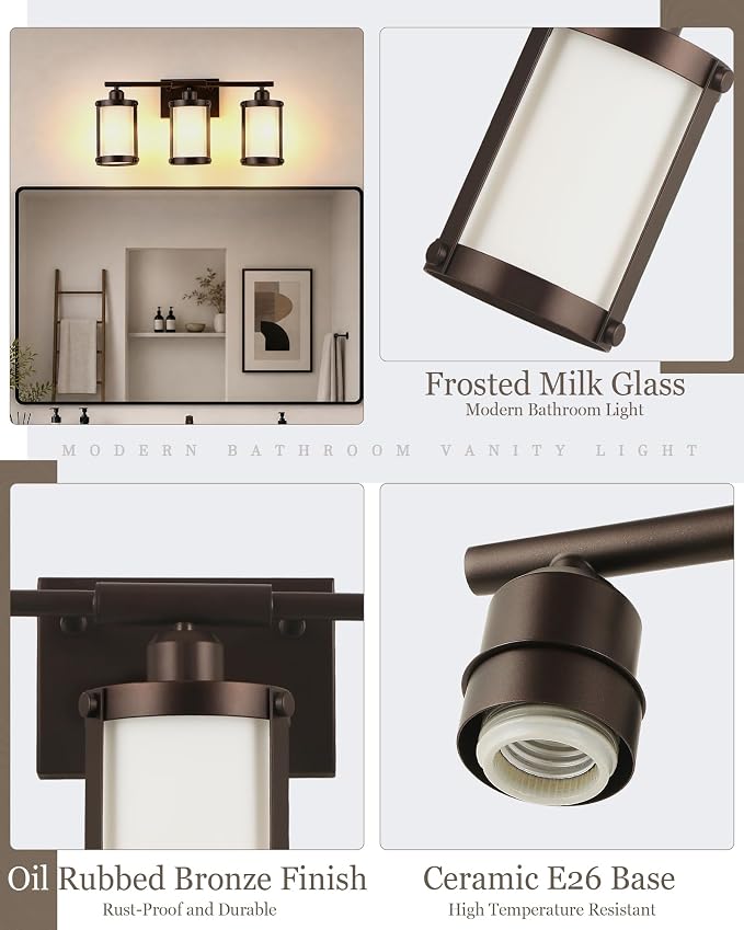 3-Light Oil Rubbed Bronze Bathroom Light Fixtures Over Mirror with Frosted Milk Glass and Metal Cage Shade, 21" UL-Listed Modern Farmhouse Wall Sconce for Bath, Hardwire E26, OS-3014ORBW-3W