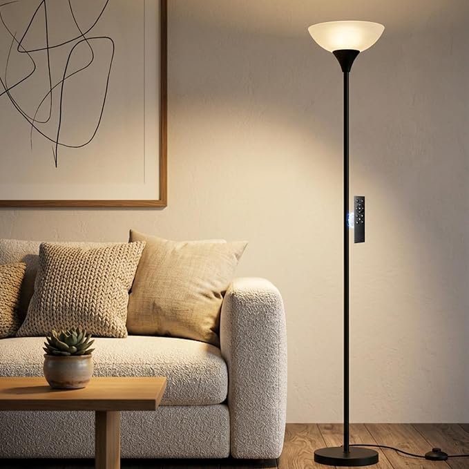 LALISU Floor Lamp, Standing Lamps with Glass Shade, Led Floor Lamp Remote Floor Lamps Modern Industrial Lamp, Tall Lamps for Living Room Bedroom Office Dining Room (Black and Glass)