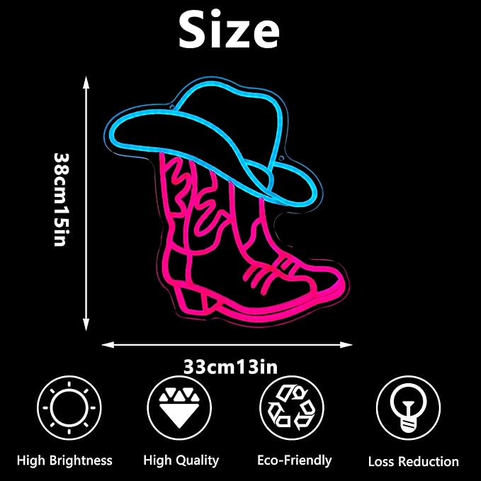 Cowboy Boot and Hat LED Neon Sign,Western Country Wall Decor for Bar, Man Cave, Garage,Pink White Aesthetic Rodeo Neon Light, Unique Christmas Birthday Gifts(13x15 in)