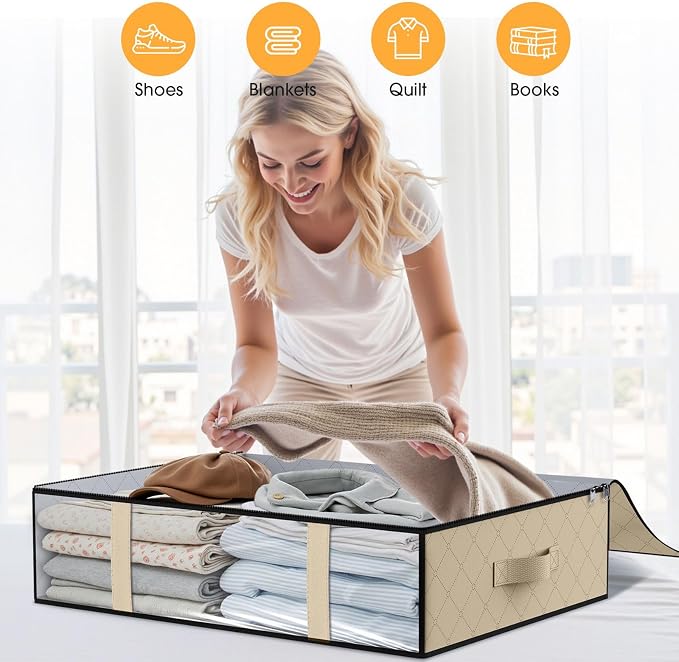 StorageRight Under Bed Storage Bags, 3 Pack, 40L, Beige | Breathable Non-Woven Fabric with a Clear Window and Zippered Top for Clothes, Comforters, Blankets and Seasonal Storage
