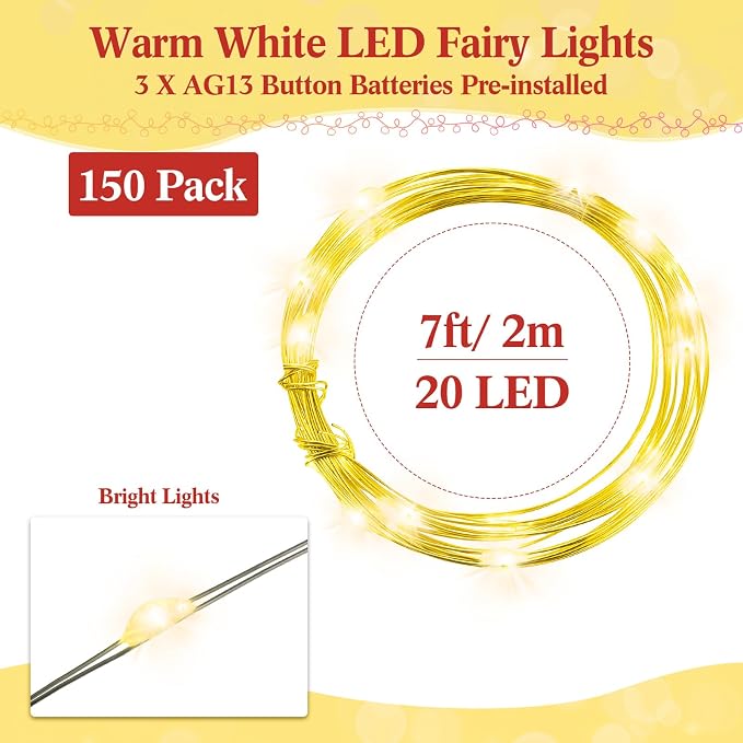 150 Pack LED Fairy Lights Colored Battery Operated String 3 Speed Modes 7 ft 20 LED Starry Wedding Decoration Waterproof Wire Twinkle Light for DIY Jar Bedroom Party Supplies (Warm White)