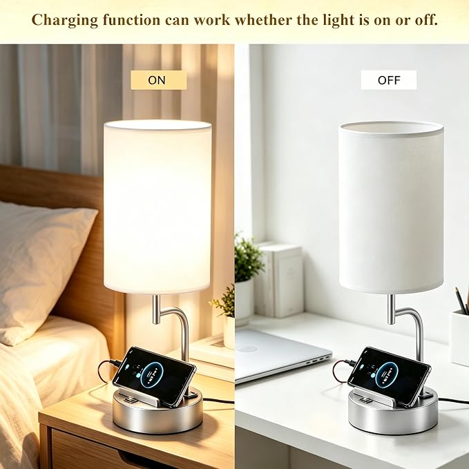 Dreamholder 2 Pack Table Lamp, Bedside Lamp with 3 USB Charging Ports & AC Outlet, USB Desk Lamp with 2 Phone Holders, Linen Fabric Shade Nightstand Lamps for Bedroom Living Room Office, Silver