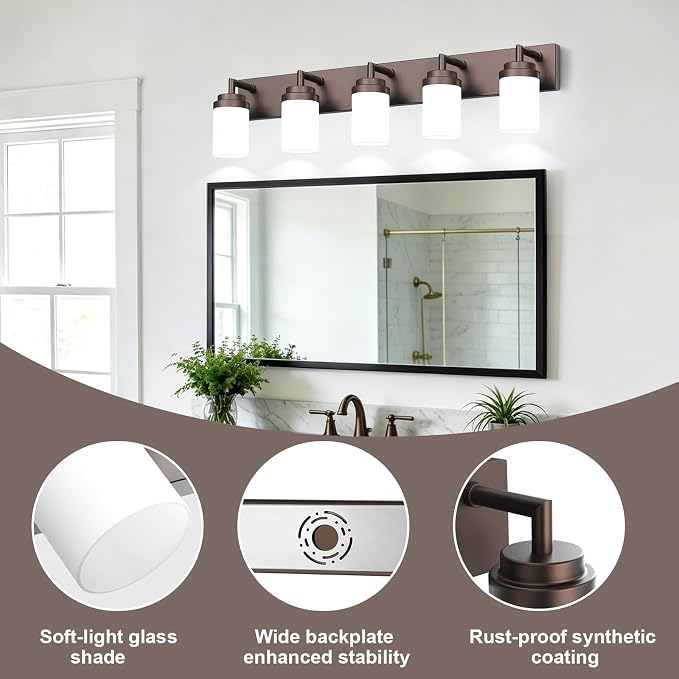 Bathroom Light Fixtures, Oil Rubbed Bronze Bathroom Lighting Fixtures Over Mirror, Modern Vanity Light with White Glass Shade, Restroom Lighting Fixtures, 5-Light 36-inch