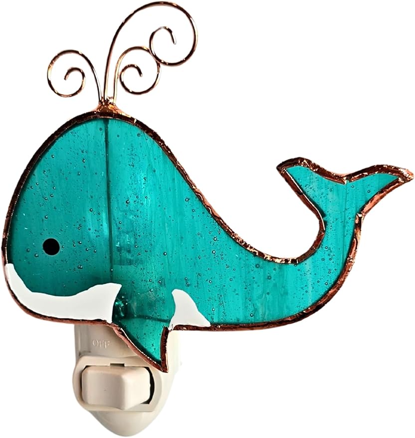 Gift Essentials Blue Whale Plug in Night Light - Stained Glass Nightlight with On/Off Rocker Switch - Includes One 4 Watt Replaceable Incandescent Warm Glow Bulb