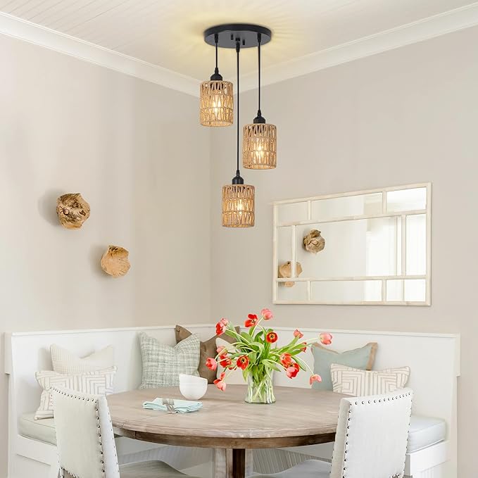 3 Lights Rattan Pendant Light, Farmhouse Dining Room Light Fixtures Ceiling Hanging, Boho Pendant Lighting with Hand Woven Wicker Shades for Kitchen Island Living Room Bedroom Foyer Hallway