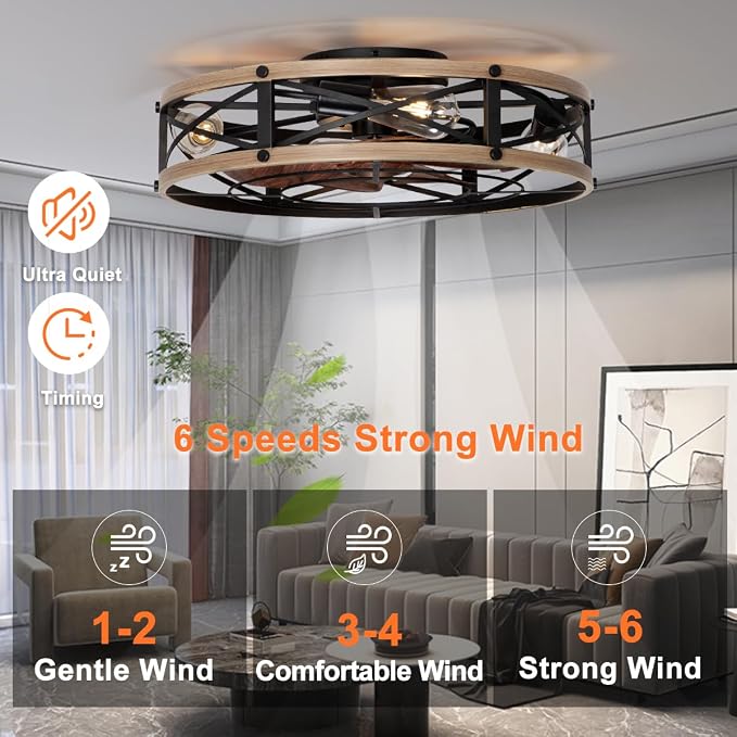 SHLUCE 22" Low Profile Caged Ceiling Fan with Light, Farmhouse Flush Mount Bladeless Ceiling Fans with Lights and Remote, Rustic Fandelier Ceiling Fan with Light for Kitchen, Bedroom - ETL