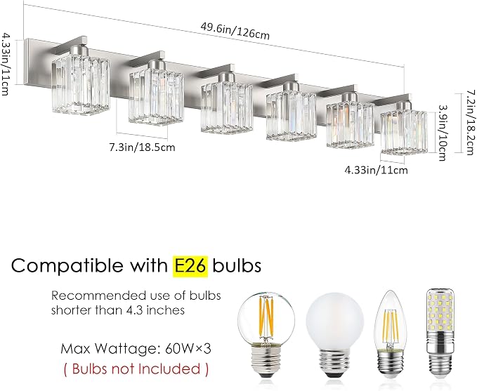 Aipsun Brushed Nickel Bathroom Light Fixtures 6 Light Vanity Lighting Fixture Crystal Modern Bathroom Vanity Light (Exclude Bulb)
