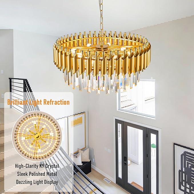 Gold Crystal Chandelier Round Chandeliers – 24" with 5-Tier Sparkling K9 Crystals, Chandeliers for Dining Room Living Room Bedroom Foyer