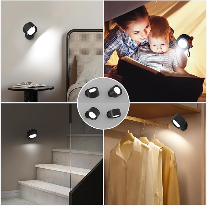 Racokky LED Wall Lights 3 Pcs with Remote, Wall Sconces Lighting 3000mAh Rechargeable Battery Operated, 3 Color Temperatures & Dimmable Magnetic 360° Rotation Cordless Lamp for Bedroom Hallway(Black)