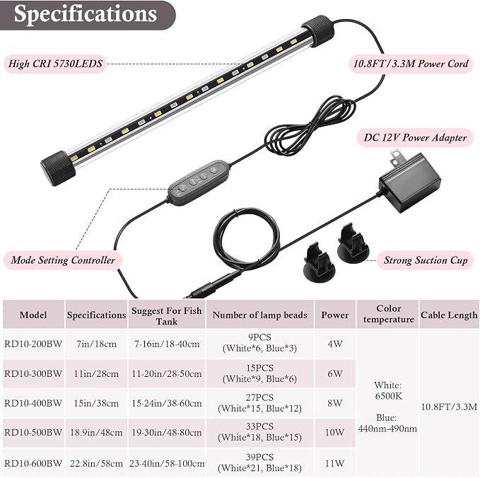 Dirvin LED Fish Tank Light with Timer, 24/7 Mode & 3 Color Aquarium Light | Submersible Adjustable Brightness, IP68 Waterproof, Sunrise-Daylight-Moonlight, Auto On/Off for Fresh and Salt Water, 6W
