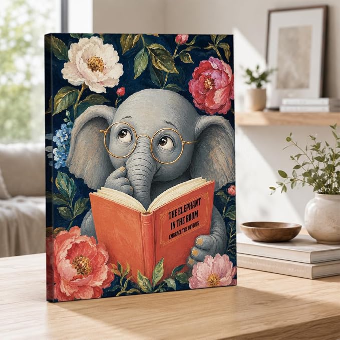 NSFBESSLIA Funny Reading Elephant Painting, Whimsical Vintage Animal Decor, The Elephant In The Room, Humorous Wall Art for Living Room Bedroom Entryway, 8x10 Inch