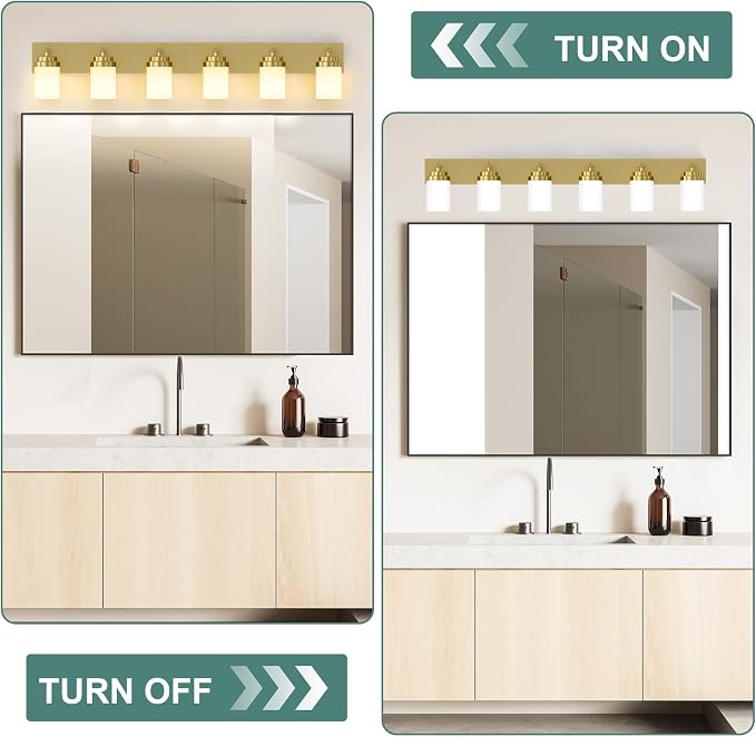 IZORRO Bathroom Vanity Light Fixture, 6-Light 46 Inch Gold Bathroom Light Fixtures Over Mirror, with White Glass Shade, Modern Farmhouse Vanity Lights, Rustic Restroom Lighting Fixtures