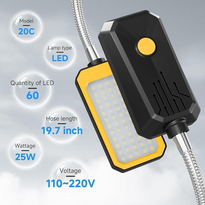LED Machine Light, Gooseneck Lamp, Clamp-on Gooseneck Light — 2500 lumens, 120 Volts, with a clamp Base, Ideal as an Industrial Lighting Work lamp for Machine Tools and lathes, 25W (Model: J1203)