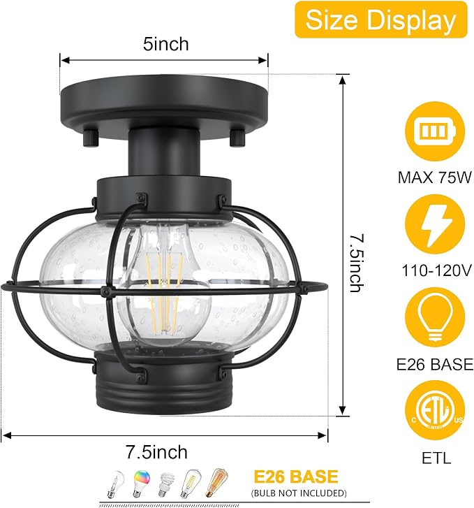 Porch Ceiling Light, Farmhouse Industrial Flush Mount, Glass Globe E26 | Indoor & outdoor use. For hallway, bedroom, balcony, stairway. Sturdy metal, hardware included, easy install.
