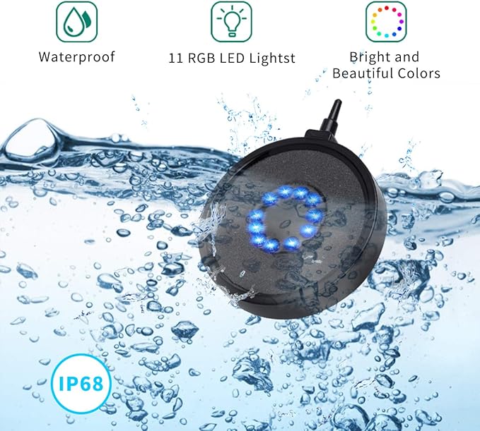 Aquarium Bubble Light LED Fish Tank Bubbler Light, Remote Controlled Aquariums Air Stone Disk Lamp with 16 Color Changing, 4 Lighting Effects for Tanks and Ponds