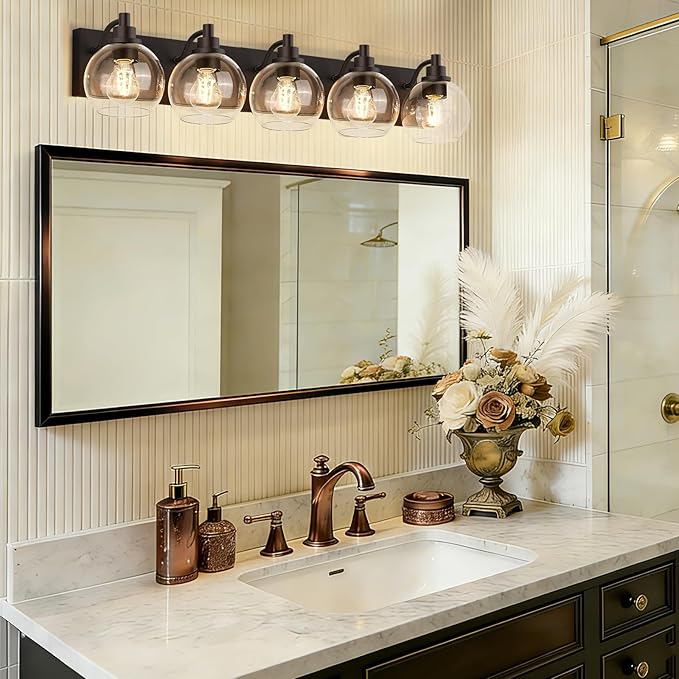 IZORRO Bathroom Light Fixtures, 5 Light Oil Rubbed Bronze Vanity Light, Modern Wall Sconces with Globe Clear Glass Shade, Vanity Lighting Fixtures Over Mirror,E26 Bulb Socket