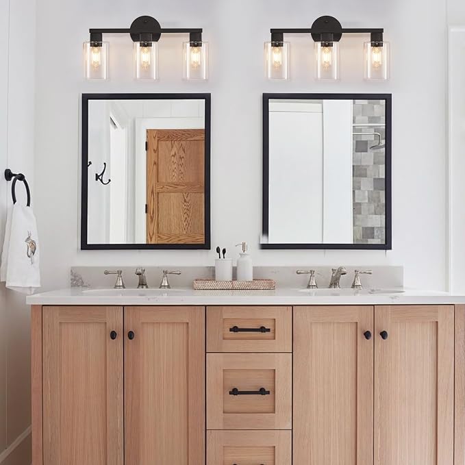 Black Bathroom Light Fixtures 3-Light Bathroom Vanity Light | Clear glass shade, Anti-rust, Easy install, E26 scoket, Vanity Lighting Fixtures, Over mirror, Makeup, 18.6in Vanity lights