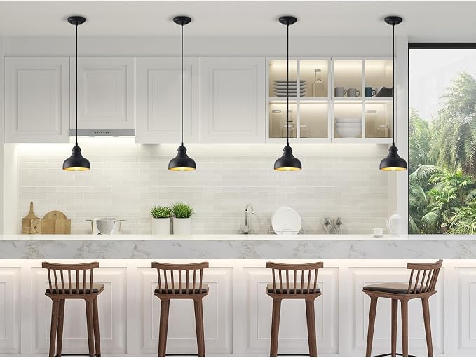 7in Dome Black Farmhouse Barn Pendant Light with Brass Interior, 2 Pack Outdoor Porch Hanging Lamp Small Barn Style Kitchen Island Pendant Lighting for Bedroom Hallway, Adjustable