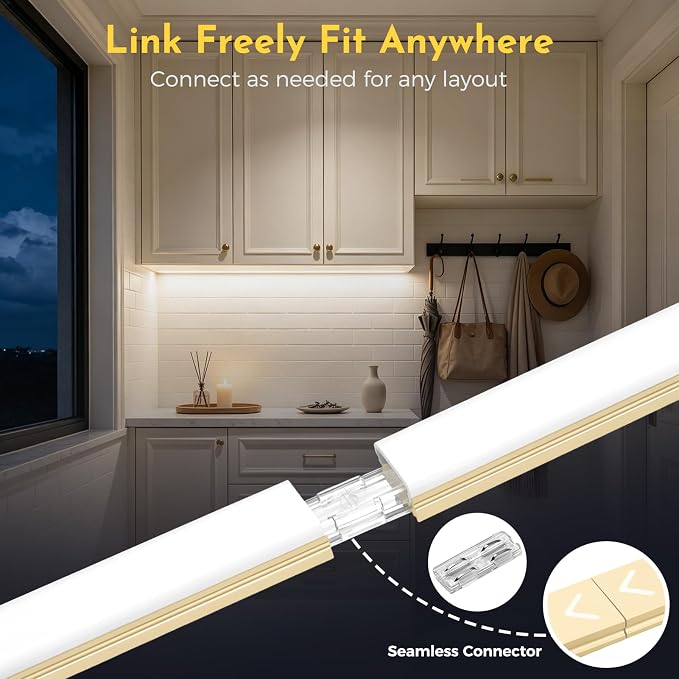 V4light Under Cabinet LED Lighting Bars, 6Pcs Gold, Plug-in, Dimmable | 0.3in Ultra-slim aluminum bars with touch dimmer & remote, 2700K–6500K adjustable, ideal for closet, shelf & display cabinet