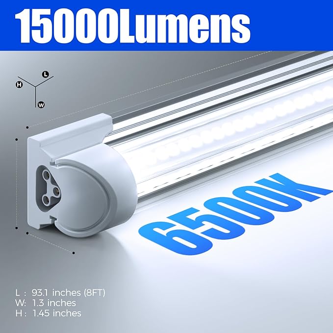 Barrina LED Shop Lights, 8FT 100W 15000LM 6500K, Super Bright White, V Shape, Clear Cover, High Output, Linkable, T8 LED Tube Light, for Garage 8 Foot with Plug (Pack of 4)