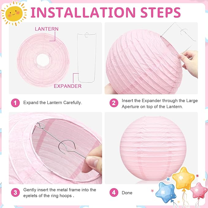 Paper Lanterns Celehappy Hanging Round Pink and White Paper Lanterns Decorative 8” 10”12" Chinese Lanterns for Birthday Wedding Party Decoration Baby Showers Valentine Indoor Outdoor 18pcs