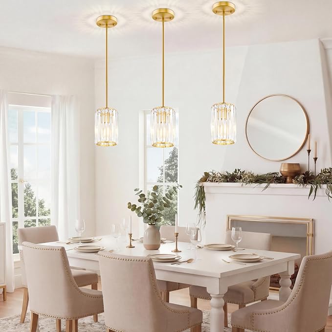 Gold Pendant Light, Modern Crystal Pendant Lights Kitchen Island, Kitchen Island Lighting with Adjustable Height, UL Certified Island Lights for Kitchen Dining Room Bedroom Hallway 3 Pack